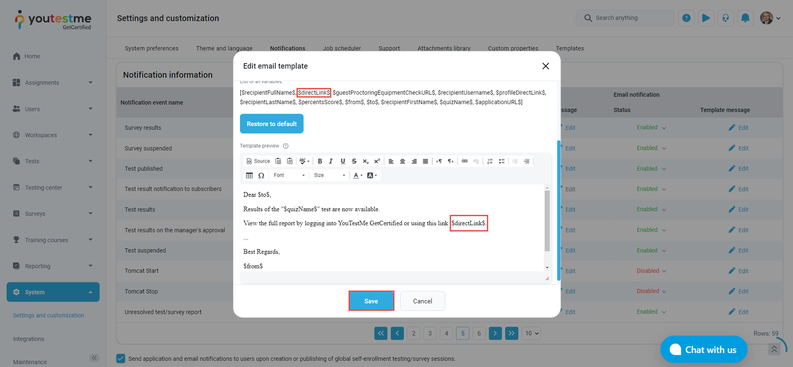 Edit email template- Direct Link