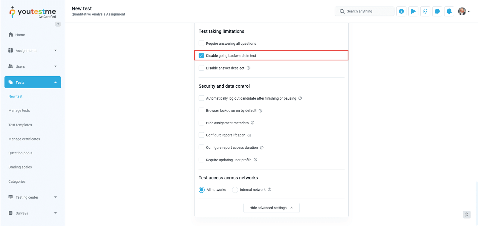 Disable Going Backwords in test